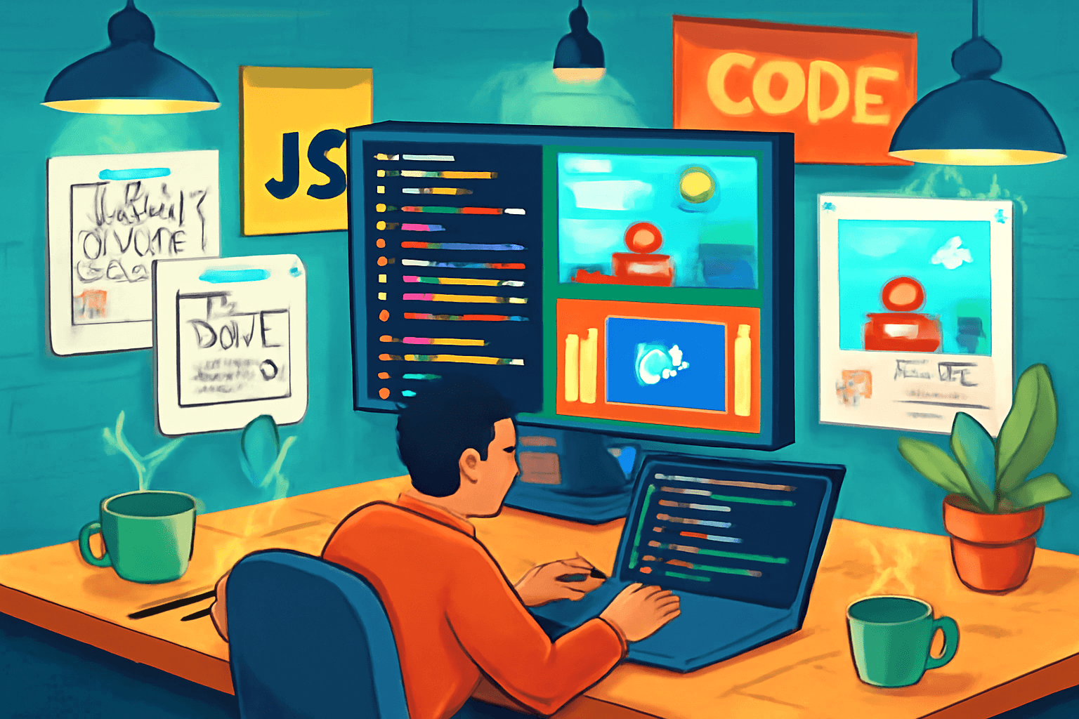 A developer writing NodeJS code on a laptop, illustrating backend programming.